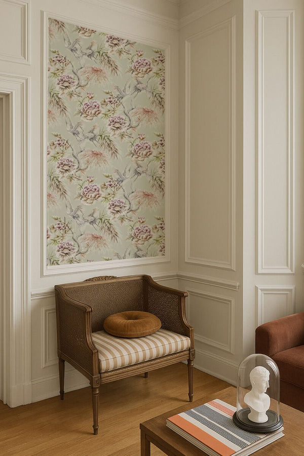 Chinoiserie crane wallpaper detail by Igibee