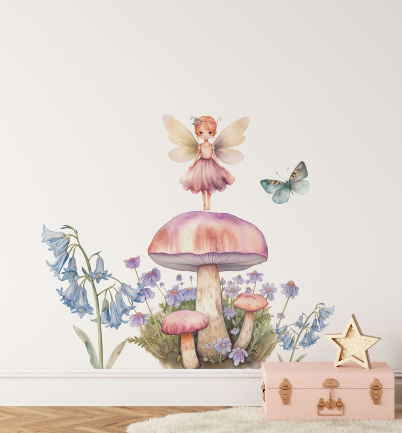 Fairy on a mushroom wall decal, watercolour meadow fairy by Igibee