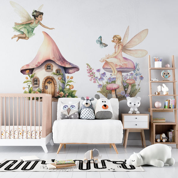 nursery wall art, nursery mural decals, pastel nursery wall stickers, whimsical nursery decor, enchanted wall stickers, enchanted wall decals, magical bedroom decals, kids bedroom wall art, toddler room wall stickers, girls bedroom stickers, girly wall decals, princess fairy decals, little girls wall decor, girly nursery wallpaper, pink fairy wall decals, pink wall stickers,