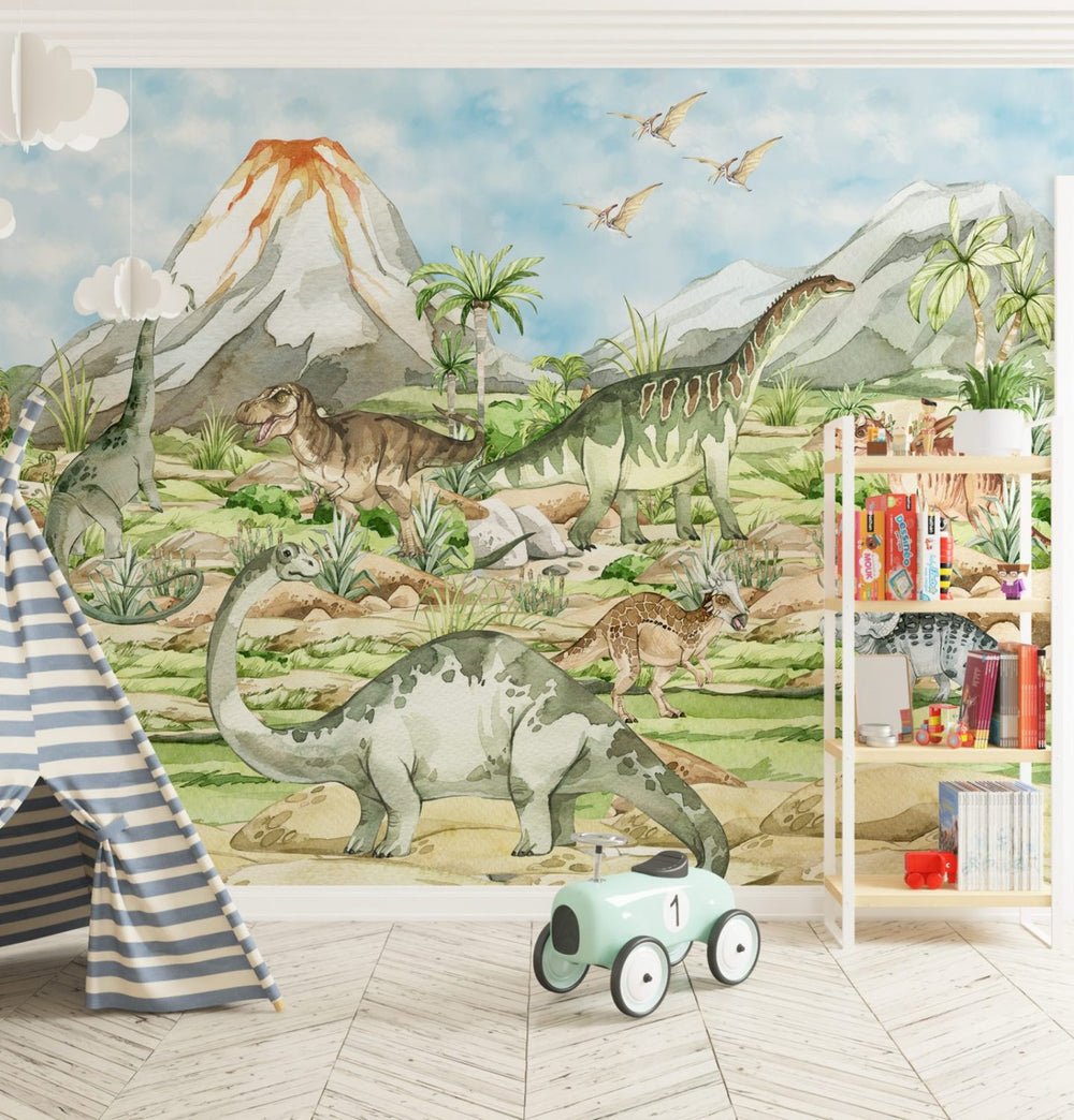 Dinosaur volcano wallpaper mural in modern living room by Igibee