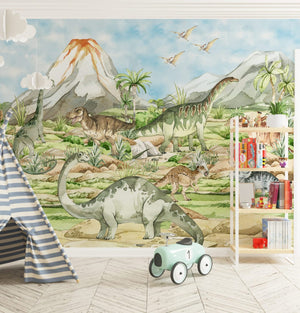 Dinosaur volcano wallpaper mural in modern living room by Igibee