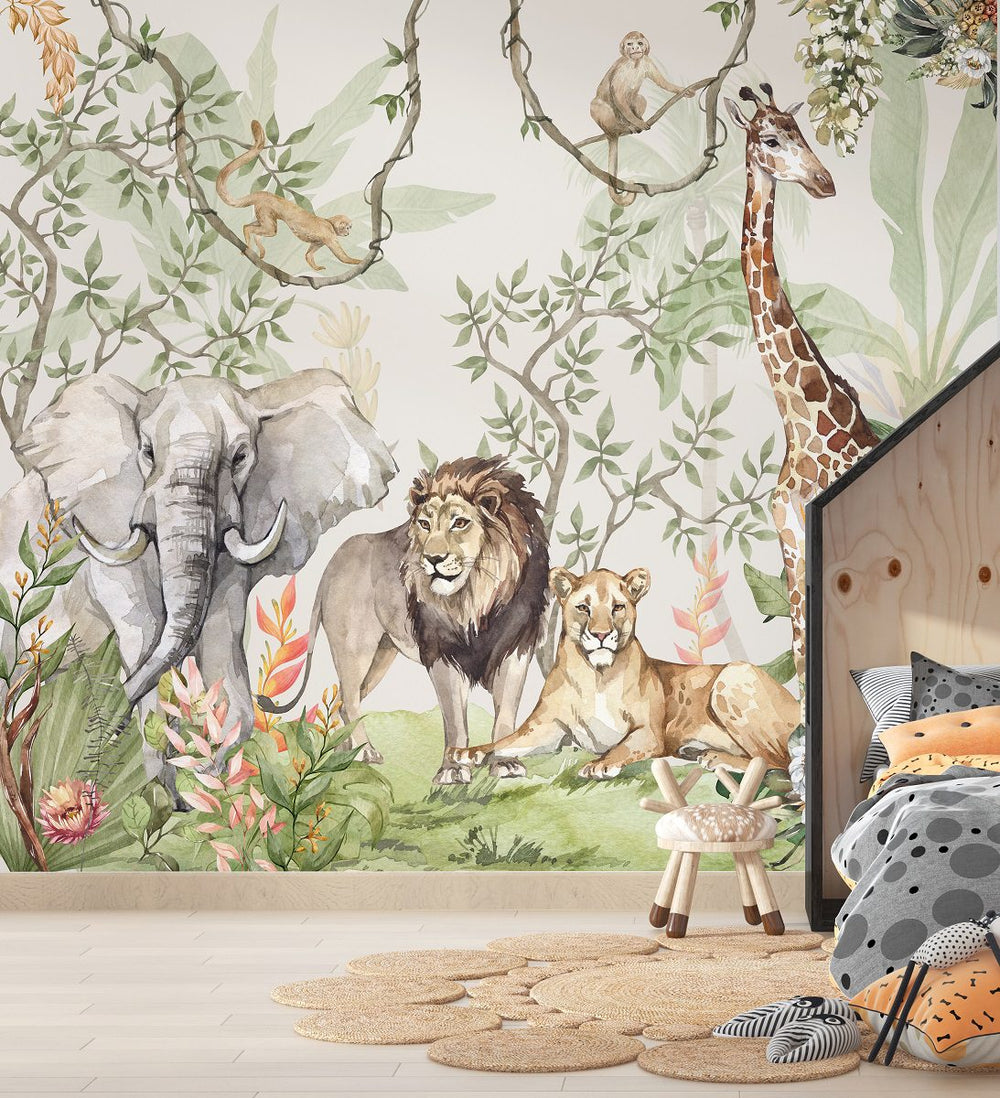 African safari wallpaper with lions and elephants for kids room by Igibee