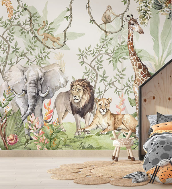 African safari wallpaper with lions and elephants for kids room by Igibee