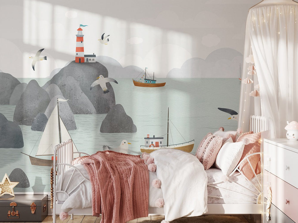 Seaport lighthouse wallpaper for kids nursery room by Igibee