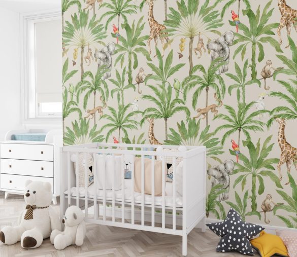 Safari wallpaper with giraffes and parrots for kids room by Igibee