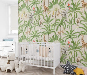 Safari parrots and giraffe wallpaper mural in nursery by Igibee