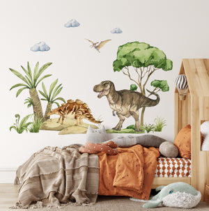 Soft watercolor dinosaur stickers arranged beautifully on a white wall in a modern, minimalist baby girl or boy nursery.