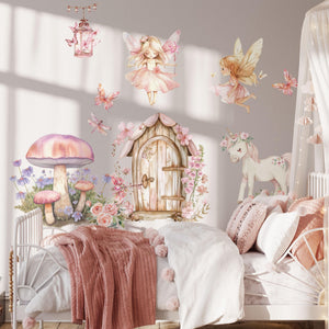 Beautiful watercolor fairy and unicorn wall decals for children’s bedroom. Includes flying fairies, fairy door, butterflies, dragonfly and lush flowers. Easy peel & stick removable nursery decor.