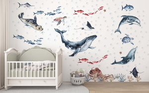 Ocean animals nursery decals with whale dolphins and seal - removable wall stickers for kids room by Igibee