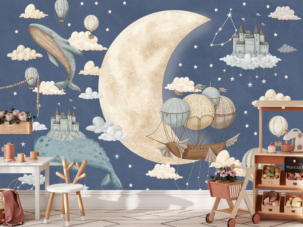 Whale wallpaper detail for nursery room decor by Igibee