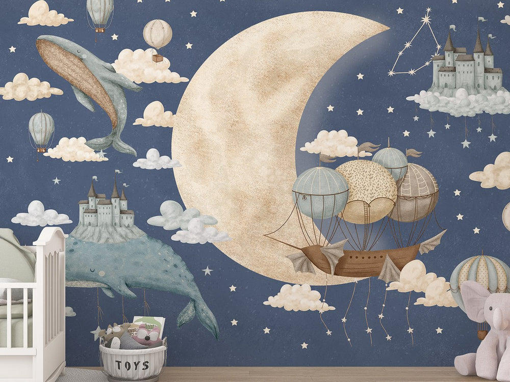 Land of dreams whale wallpaper for nursery room by Igibee