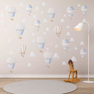 White and yellow hot air balloons with clouds wall decals - adventure nursery collection by Igibee