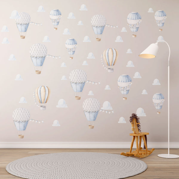 White and yellow hot air balloons with clouds wall decals - adventure nursery collection by Igibee