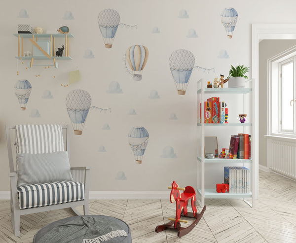 White and yellow hot air balloons with clouds wall decals - adventure nursery decor collection by Igibee