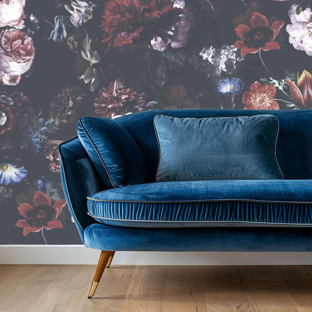 Dark floral wallpaper with bold flowers by Igibee