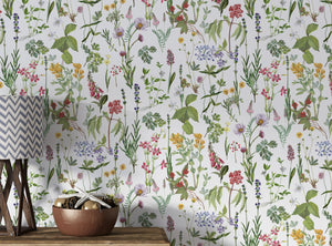 Wild meadow flower wallpaper - botanical design with colorful blooms for kids room by Igibee