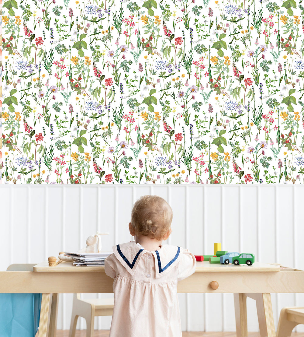 Wild meadow flower wallpaper - botanical blooms design for children's bedroom decor by Igibee