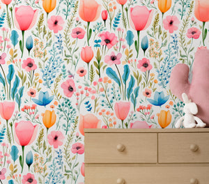 Pastel wildflower meadow wallpaper - soft botanical design for girls nursery and bedroom by Igibee