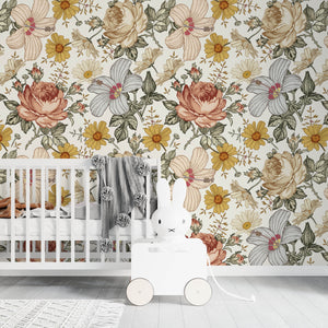 Charming peony wallpaper floral wallpaper in soft blush and cream vintage boho design with yellow wildflowers for children's room - boho wallpaper removable wallpaper peel stick wallpaper vintage flower mural