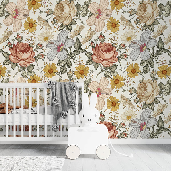 Charming peony wallpaper floral wallpaper in soft blush and cream vintage boho design with yellow wildflowers for children's room - boho wallpaper removable wallpaper peel stick wallpaper vintage flower mural