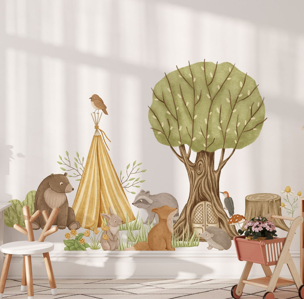 Forest camp wall decals with woodland animals - educational adventure nursery set peel and stick by Igibee