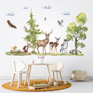 Forest grove wall stickers with deer, wolf and fox