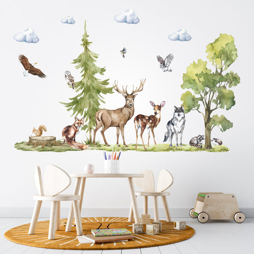 Forest grove wall stickers with deer, wolf and fox