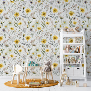 Yellow and pink wildflowers meadow wallpaper - beautiful floral design for girls nursery by Igibee