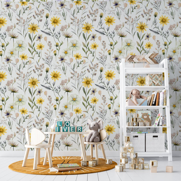 Yellow and pink wildflowers meadow wallpaper - beautiful floral design for girls nursery by Igibee