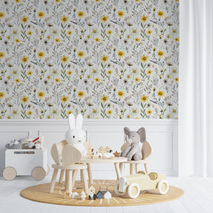 Yellow and pink wildflowers meadow wallpaper - bright floral design for kids bedroom decor by Igibee