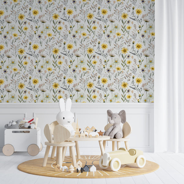Yellow and pink wildflowers meadow wallpaper - bright floral design for kids bedroom decor by Igibee
