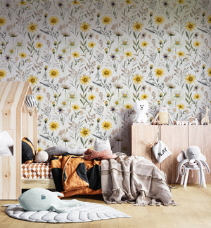 Yellow and pink wildflowers wallpaper - perfect girls bedroom decor peel and stick by Igibee