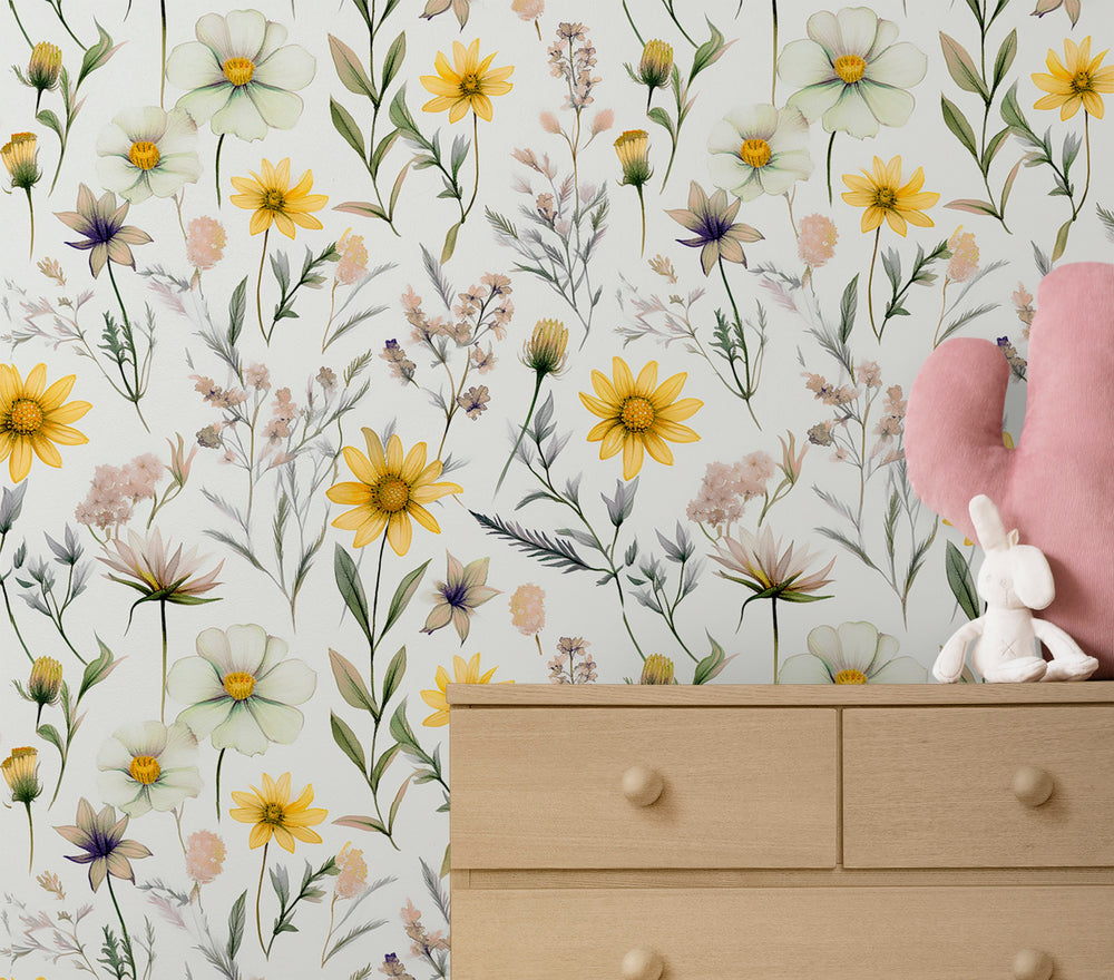 Yellow and pink wildflowers wallpaper - botanical floral design for girls nursery room by Igibee