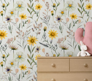 Yellow and pink wildflowers wallpaper - botanical floral design for girls nursery room by Igibee