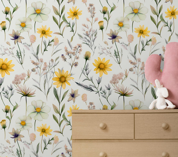 Yellow and pink wildflowers wallpaper - botanical floral design for girls nursery room by Igibee