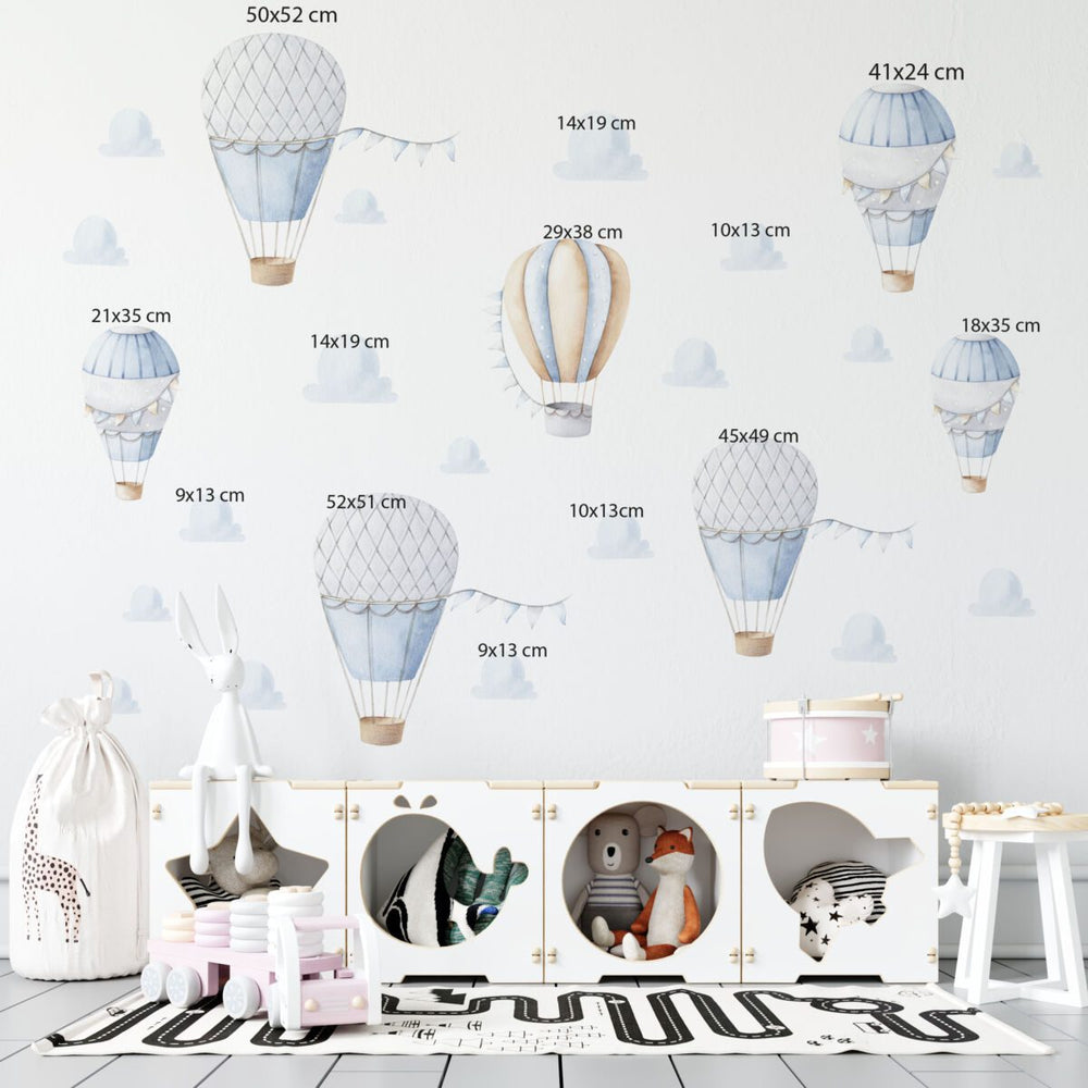 Hot air balloons white and yellow with clouds wall decals - education adventure nursery decor by Igibee