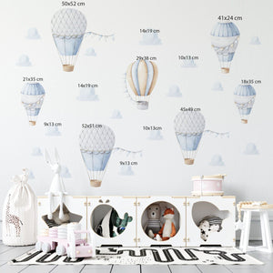 Yellow and white hot air balloons with fluffy clouds wall decals - adventure nursery collection peel and stick by Igibee