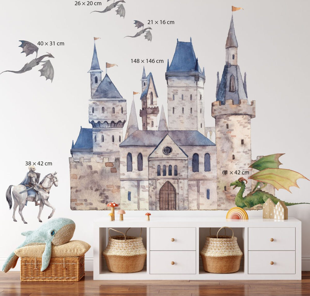 Schloss- und Drachen-Wandtattoos im Kinderzimmer – Fantasy-Schloss, fliegende Drachen und Ritter zu Pferd